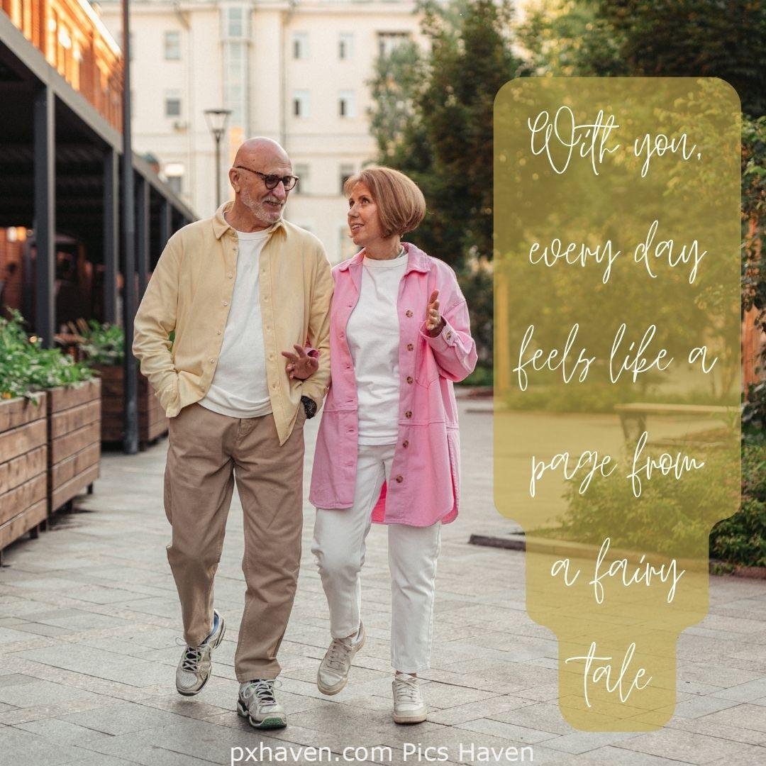 With you, every day feels like a page from a fairy tale. A man and woman, walking together and talking hand in hand. Love Quotes and Images for Couples. HD images. Free download.