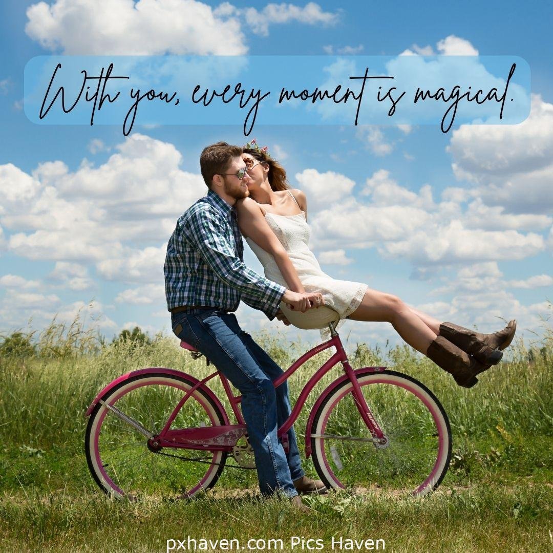 With you, every moment is magical. A boy and girl, sitting on a bicycle and kissing. Love Quotes and Images for Couples. HD images. Free download.