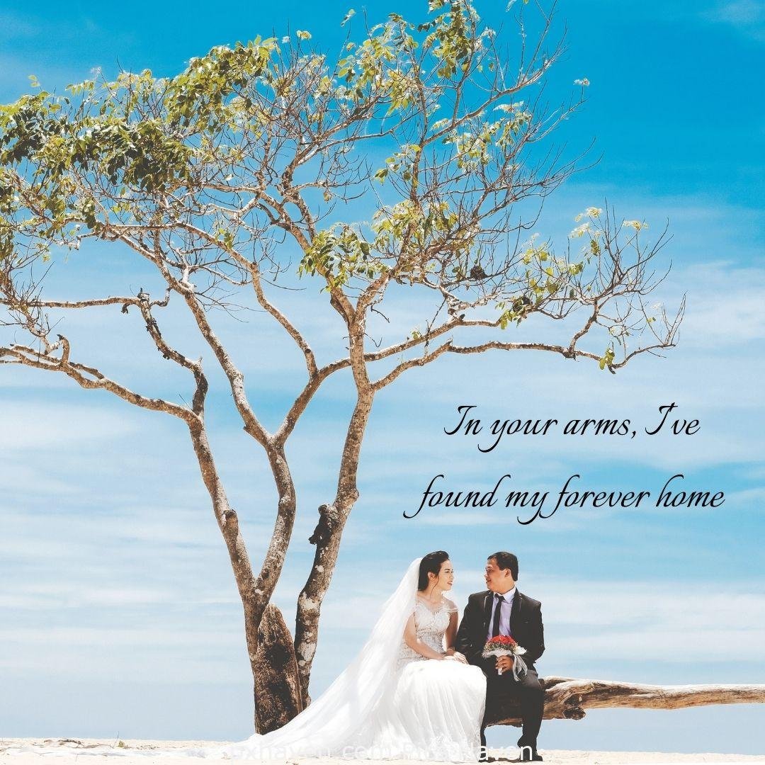 In your arms, I ve found my forever home. a man and woman in wedding dress. Snow fall. Love Quotes and Images for Couples. HD images. Free download.