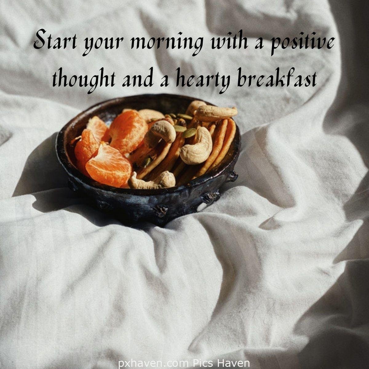 Good Morning breakfast quotes, free images wallpaper, free download. A bowl with fruits and nuts for breakfast. Start your morning with a positive thought and a hearty breakfast.