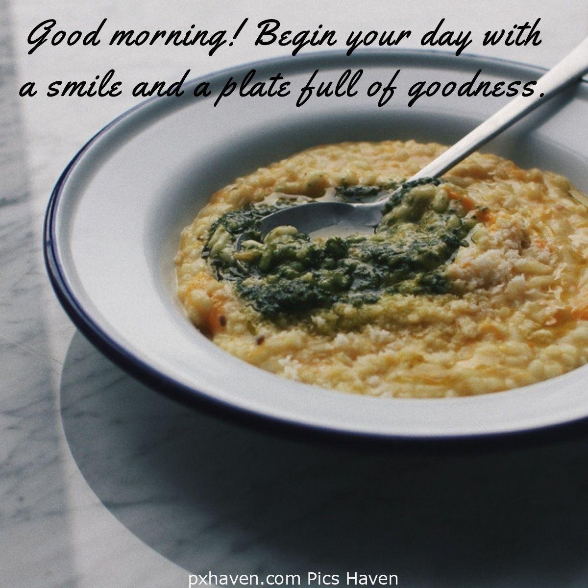 Good Morning breakfast quotes, free images wallpaper, free download. A plate of porridge with chutney. Good morning! Begin your day with a smile and a plate full of goodness.