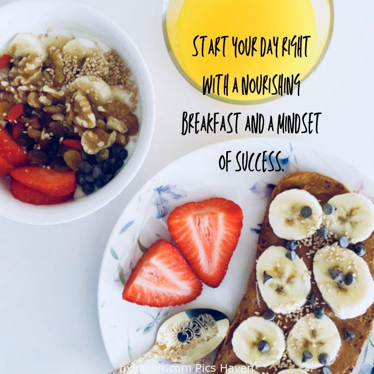 Good Morning breakfast quotes, free images wallpaper, free download. Oatmeal and crumble with milk, bananas, berries and strawberries and bread and fruits. Start your day right with a nourishing breakfast and a mindset of success.