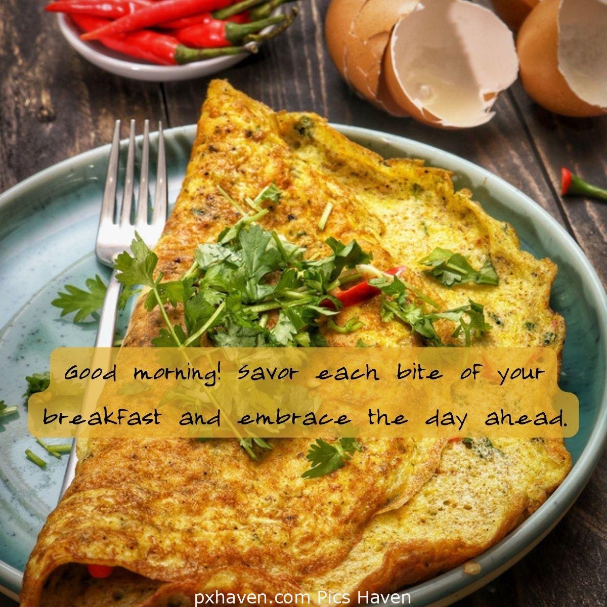 Good Morning breakfast quotes, free images wallpaper, free download. A plate of omelet with coriander and chilly. Good morning! Savor each bite of your breakfast and embrace the day ahead.