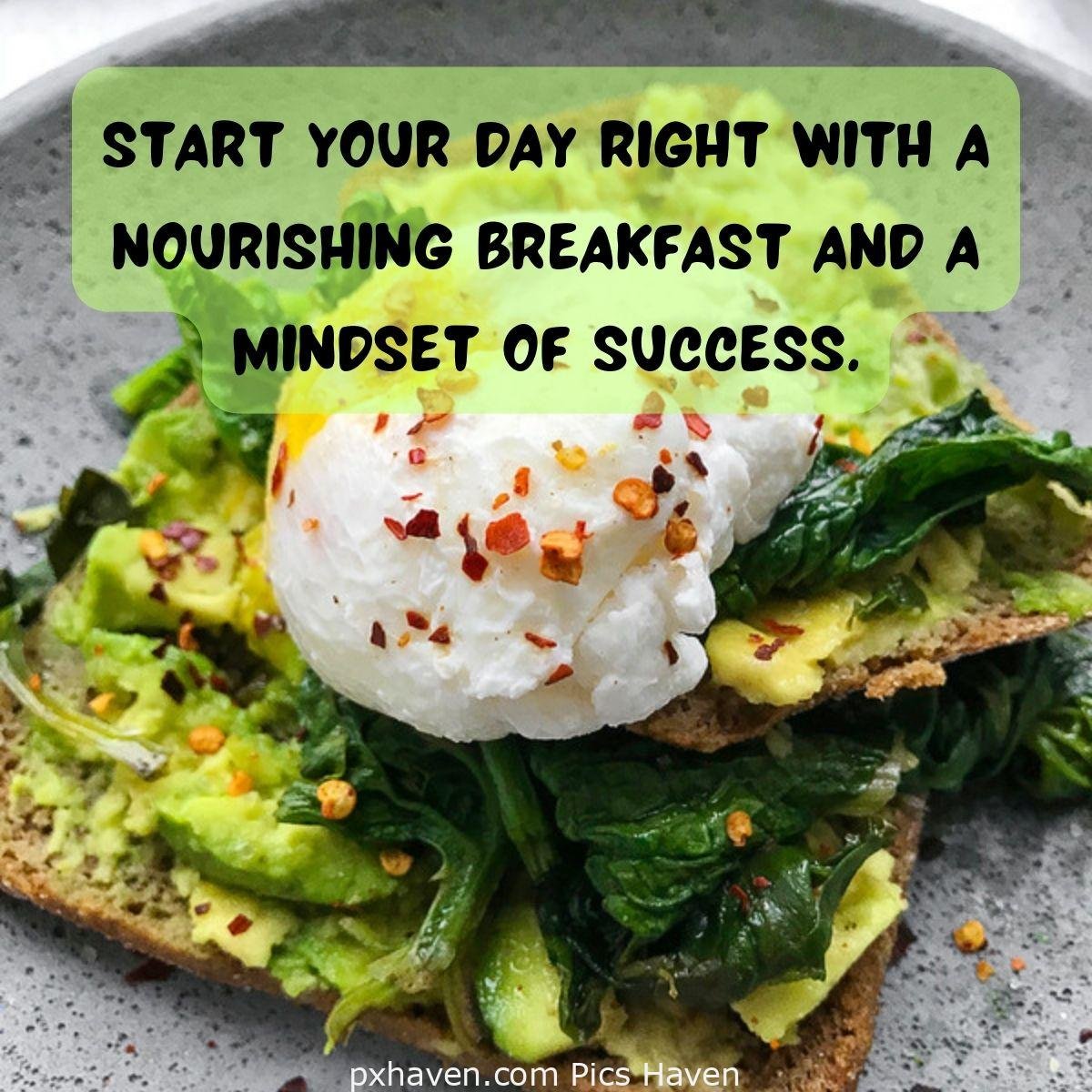 Good Morning breakfast quotes, free images wallpaper, free download. A plate with bread mashed avocado and cream. Start your day right with a nourishing breakfast and a mindset of success.