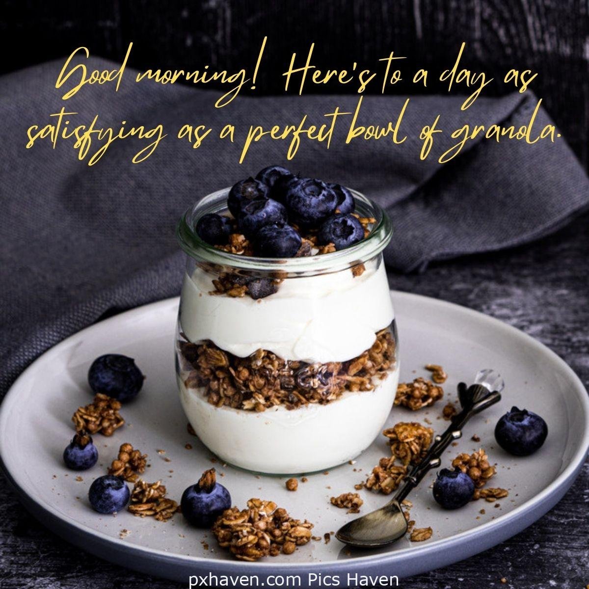 Good Morning breakfast quotes, free images wallpaper, free download. A jar with milk oatmeal and berries on a plate and a spoon. Good morning! Here's to a day as satisfying as a perfect bowl of granola.