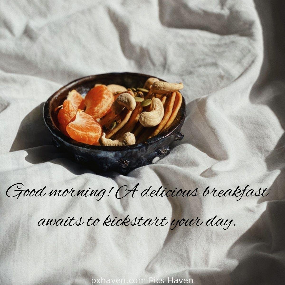 Good Morning breakfast quotes, free images wallpaper, free download. A bowl of breakfast with oranges, dry fruits and cashew nuts. Good morning! A delicious breakfast awaits to kickstart your day.