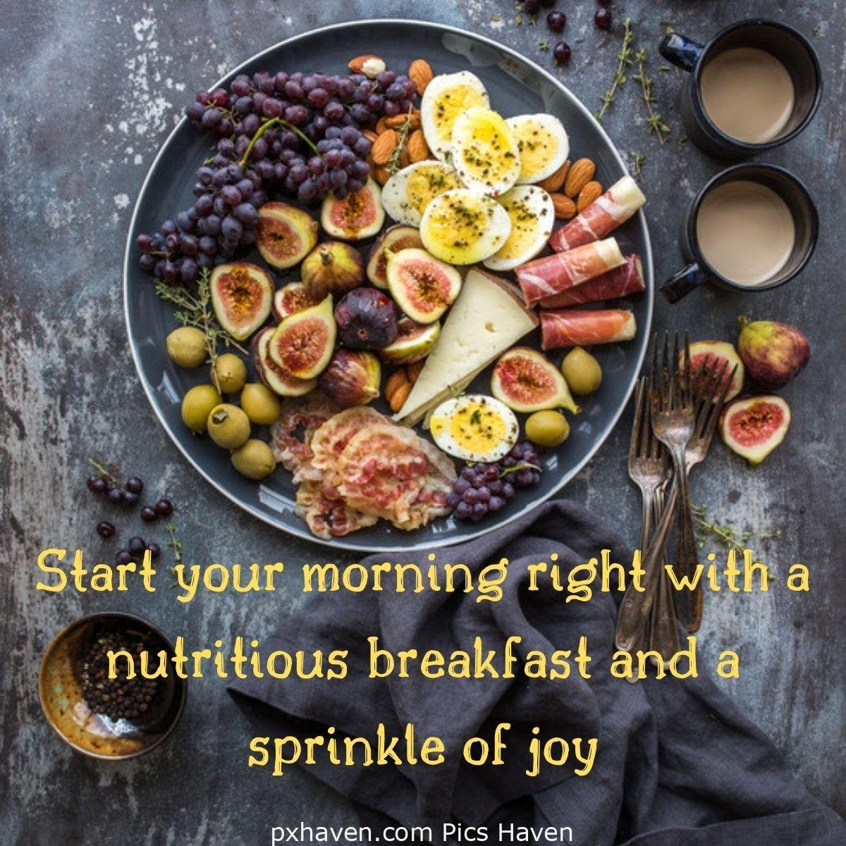 Good Morning breakfast quotes, free images wallpaper, free download. A plate of fruits, eggs and bacon. with nuts and coffee. Start your morning right with a nutritious breakfast and a sprinkle of joy.