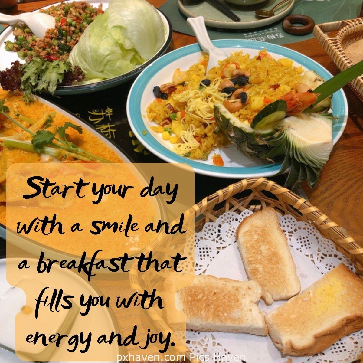 Good Morning breakfast quotes, free images wallpaper, free download. A plate with salads, lettuce, bread basket and crumbles. Start your day with a smile and a breakfast that fills you with energy and joy.