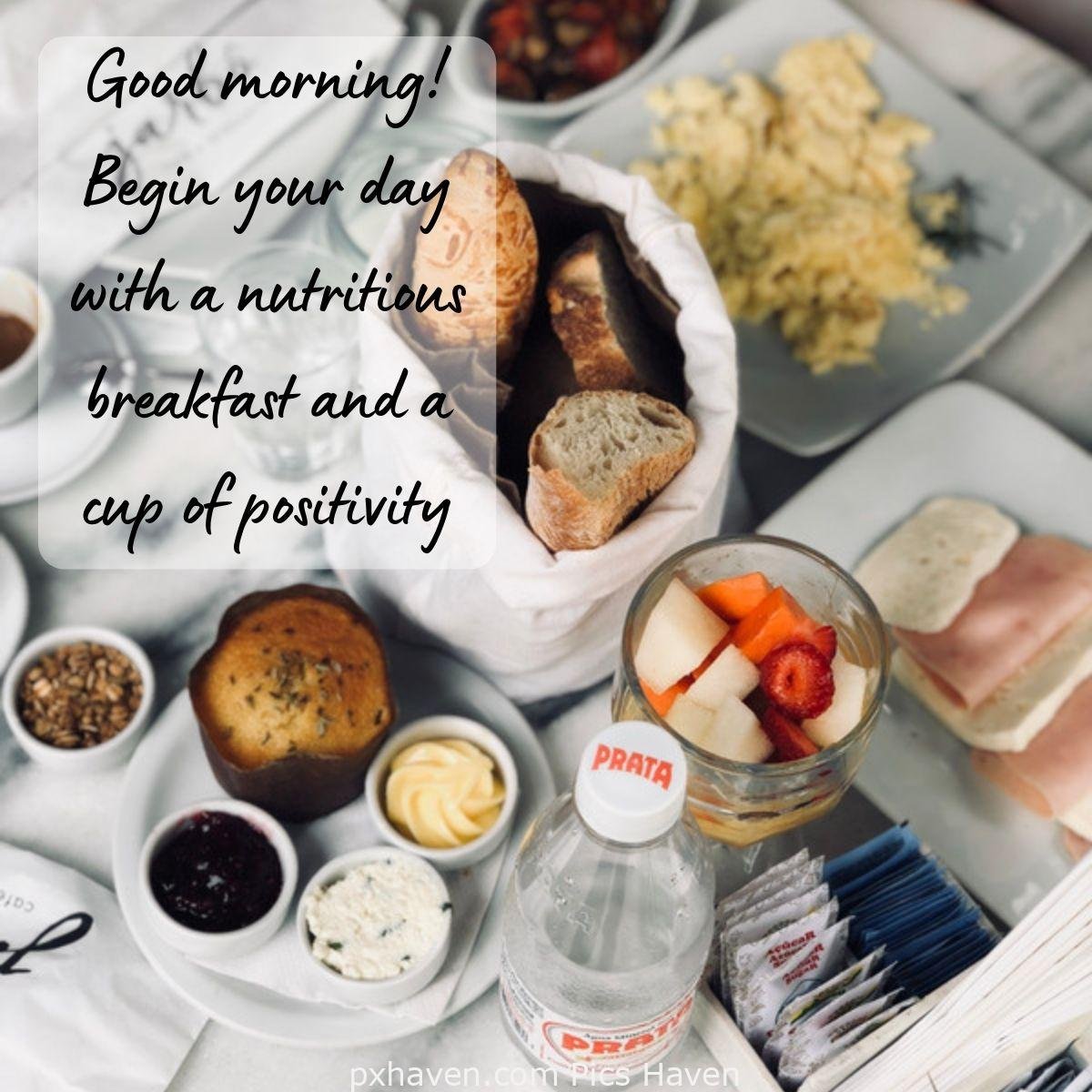 Good Morning breakfast quotes, free images wallpaper, free download. A bag of breads, a glass of fruits, crumbles in a plate and cupcakes, creams and jams. Good morning! Begin your day with a nutritious breakfast and a cup of positivity.