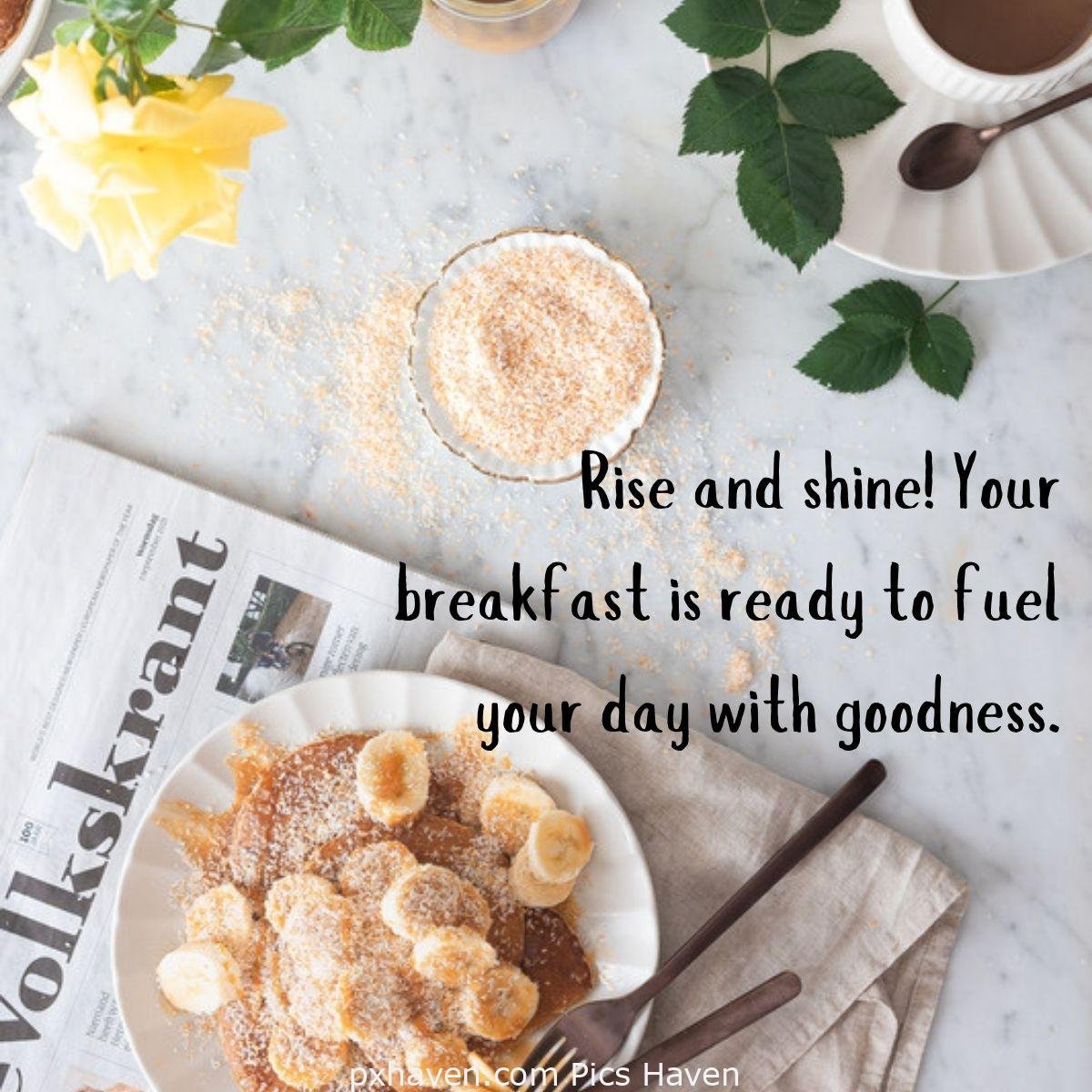 Good Morning breakfast quotes, free images wallpaper, free download. A plate with bananas and pancakes with forks.