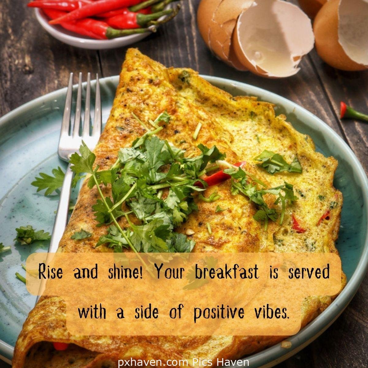 Good Morning breakfast quotes, free images wallpaper, free download. Omlette with green coriander and red chilies. Rise and shine! Your breakfast is served with a side of positive vibes.
