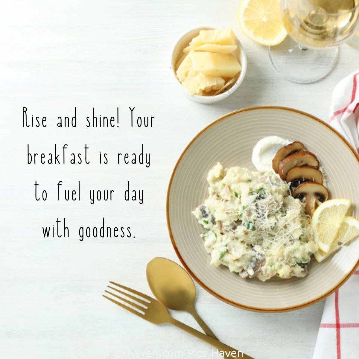 Good Morning breakfast quotes, free images wallpaper, free download. Rise and shine! Plate with mushrooms fruits and porridge, spoons and fork. Your breakfast is ready to fuel your day with goodness.