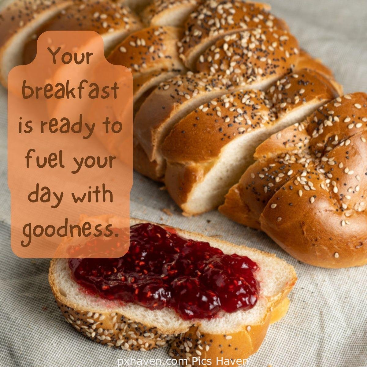 Your breakfast is ready to fuel your day with goodness. Bread and Jam kept on a tray and plate. Good Morning breakfast quotes, free images wallpaper, free download.