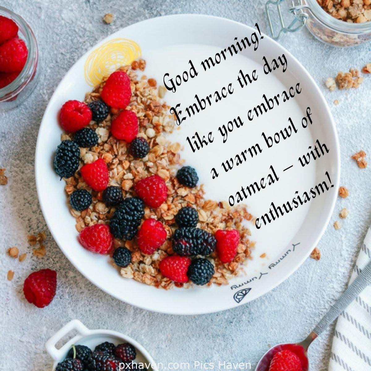 Good morning! Embrace the day like you embrace a warm bowl of oatmeal โ with enthusiasm! Plate with strawberries and blackberries and oatmeal. Good Morning breakfast quotes, free images wallpaper, free download.