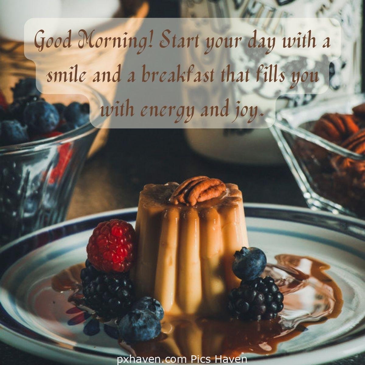 Good Morning! Start your day with a smile and a breakfast that fills you with energy and joy. cake, ice cream, nuts, raspberry and blueberry. Good morning breakfast image wallpaper free download.