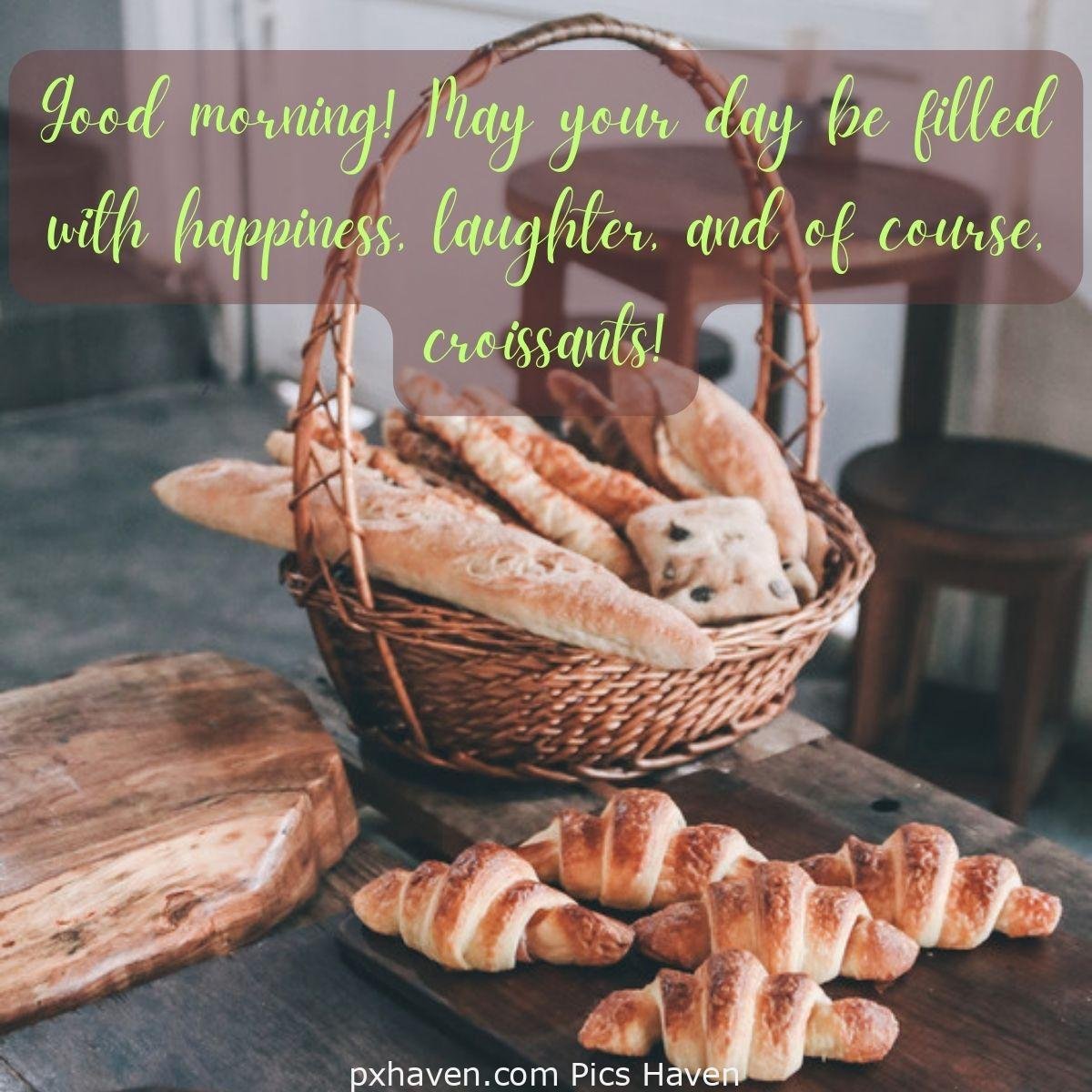 Good morning breakfast bread and croissants and cookies and biscuits. Good morning! May your day be filled with happiness, laughter, and of course, croissants! Good morning breakfast image wallpaper free download.