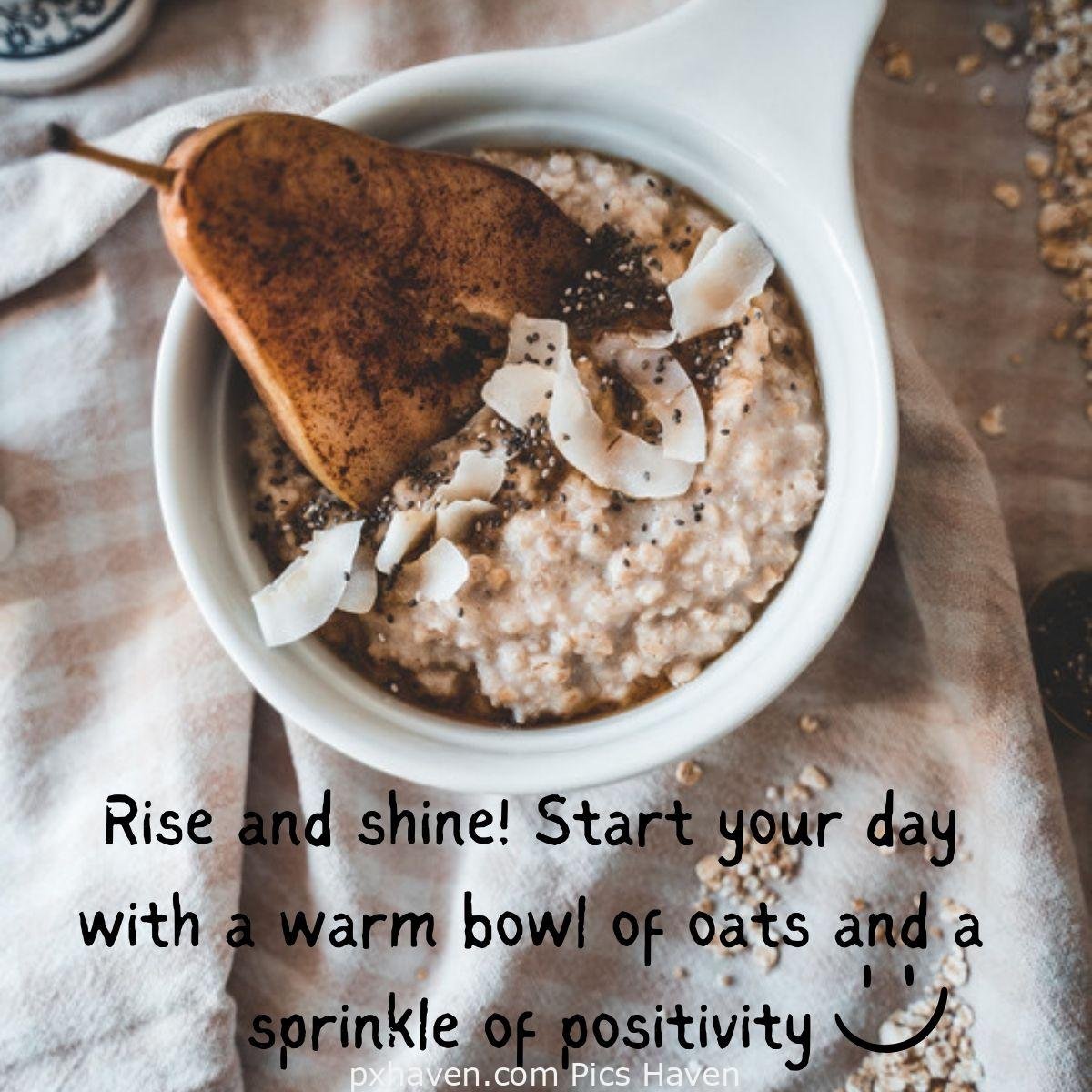 Rise and shine! Start your day with a warm bowl of oats and a sprinkle of positivity. Good morning breakfast oats porridge with pear and nuts. Good morning breakfast image wallpaper free download.