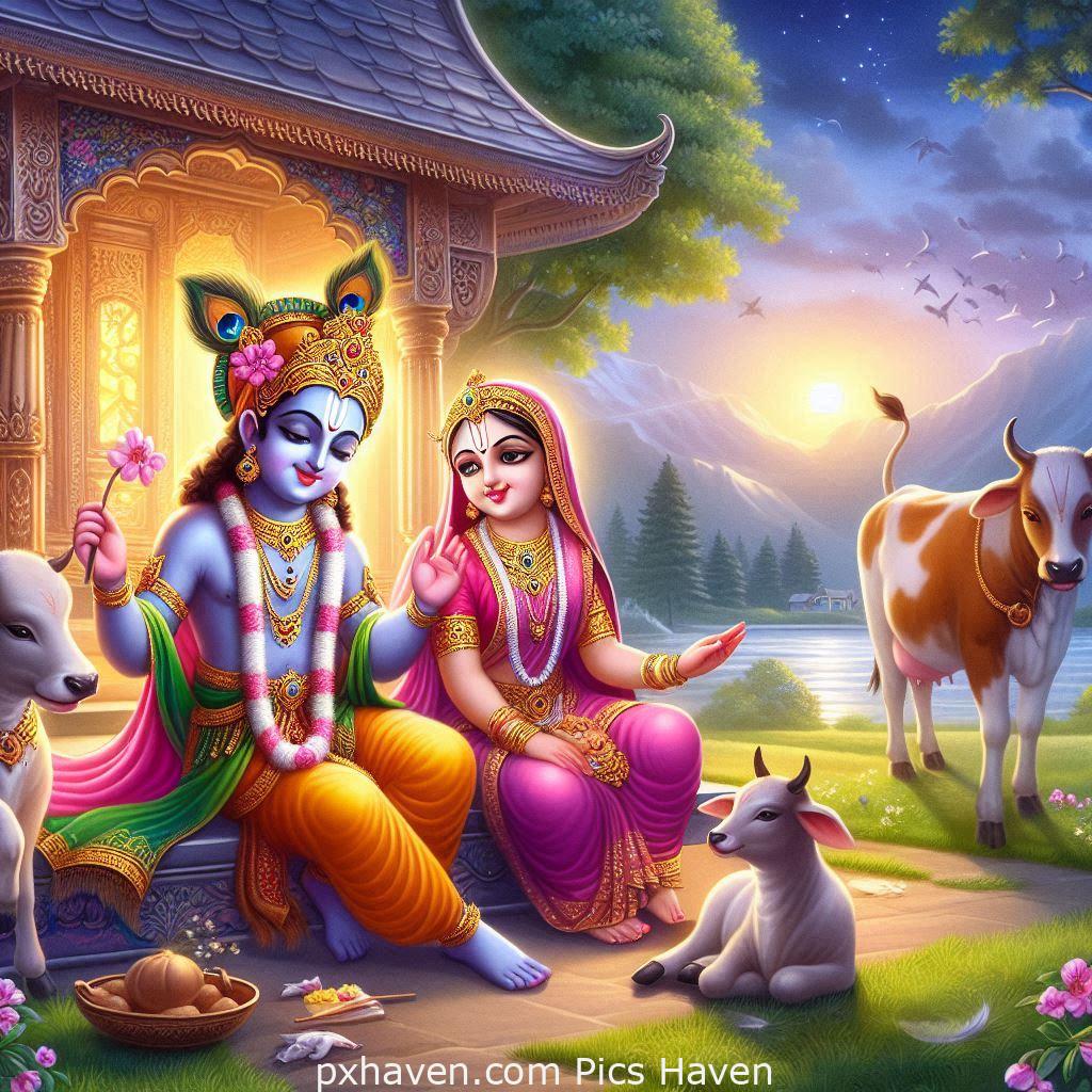 Lord Krishna and Radha playing beautifully in a temple. Full HD images. Free download.