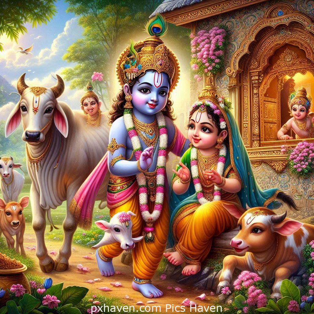 Lord Krishna and Radha playing beautifully in a temple. Full HD images. Free download.