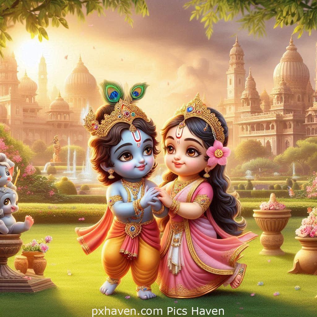 Lord Krishna and Radha playing beautifully in a temple. Full HD images. Free download.