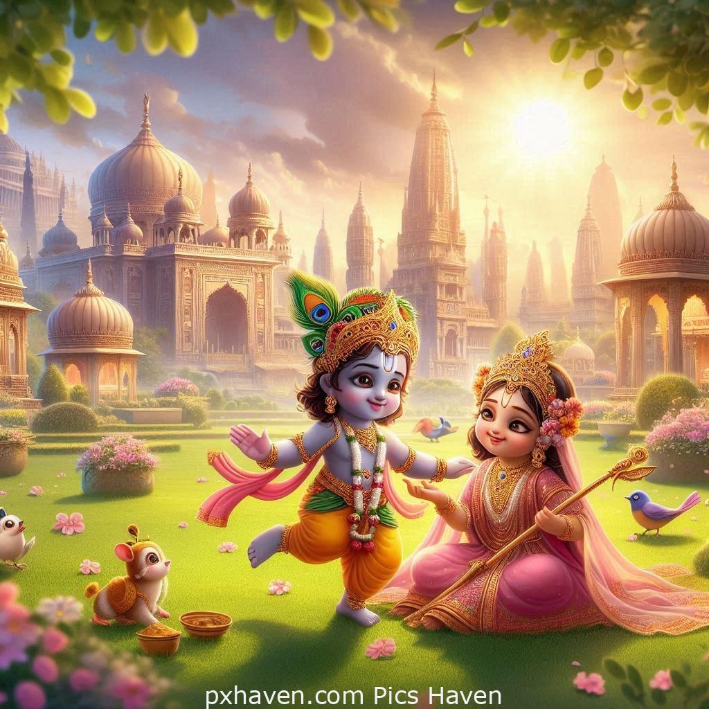 Lord Krishna and Radha playing beautifully in a temple. Full HD images. Free download.