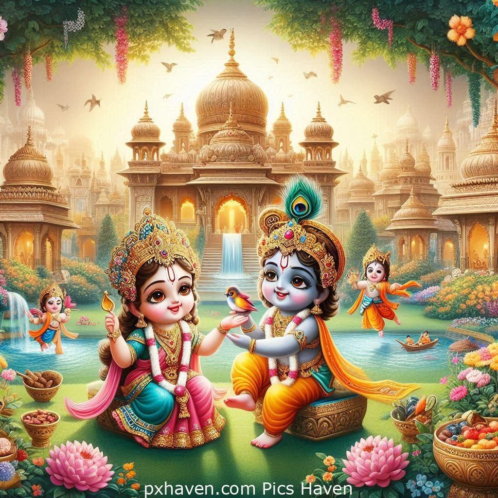 Lord Krishna and Radha playing beautifully in a temple. Full HD images. Free download.