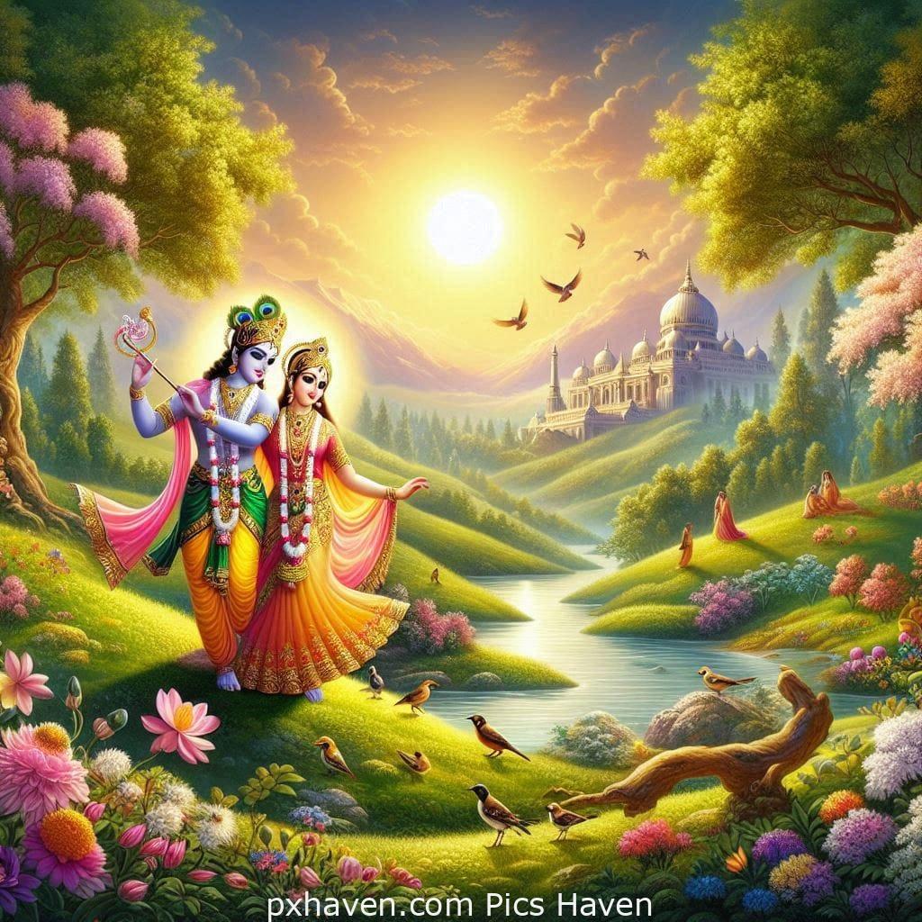Lord Krishna and Radha Dancing beautifully in a temple. Full HD images. Free download.
