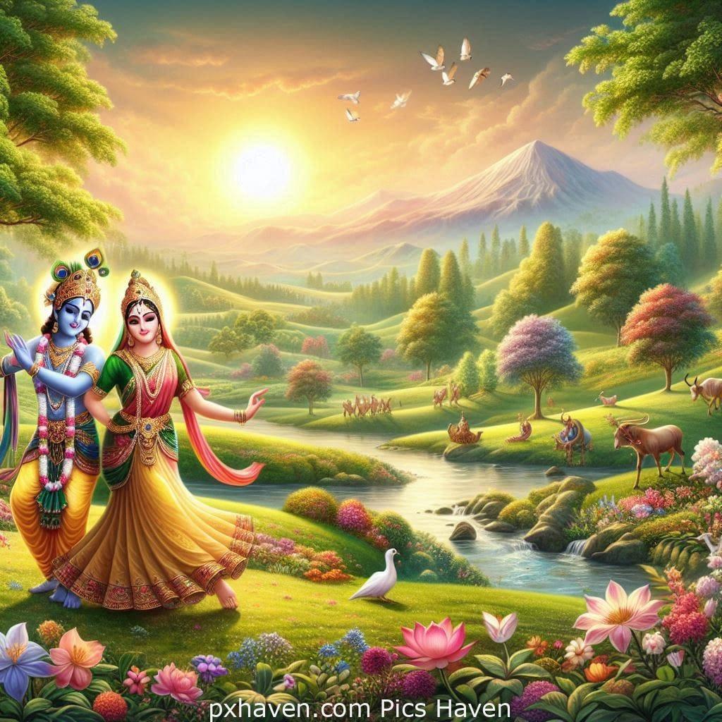 Lord Krishna and Radha Dancing beautifully outside. Full HD images. Free download.