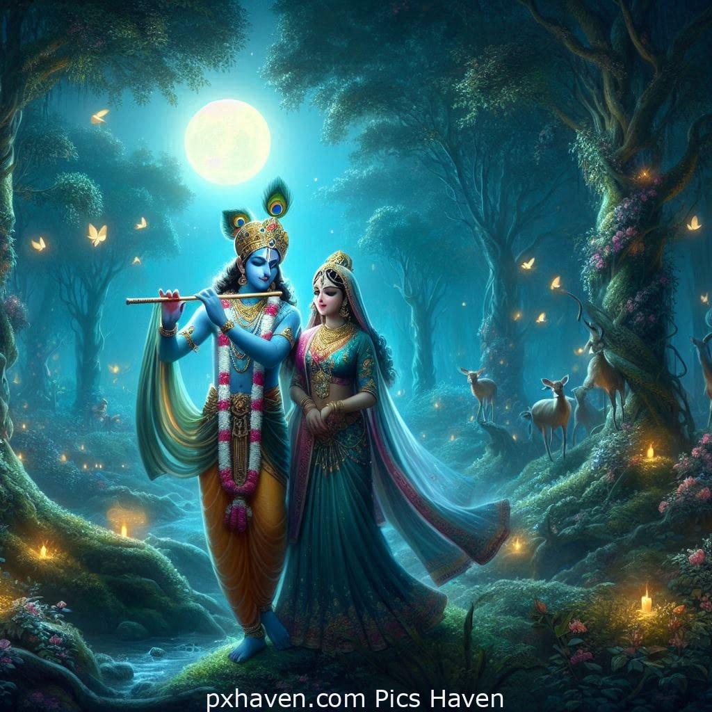 Lord Krishna and Radha Dancing beautifully in a moonlit night. Full HD images. Free download.