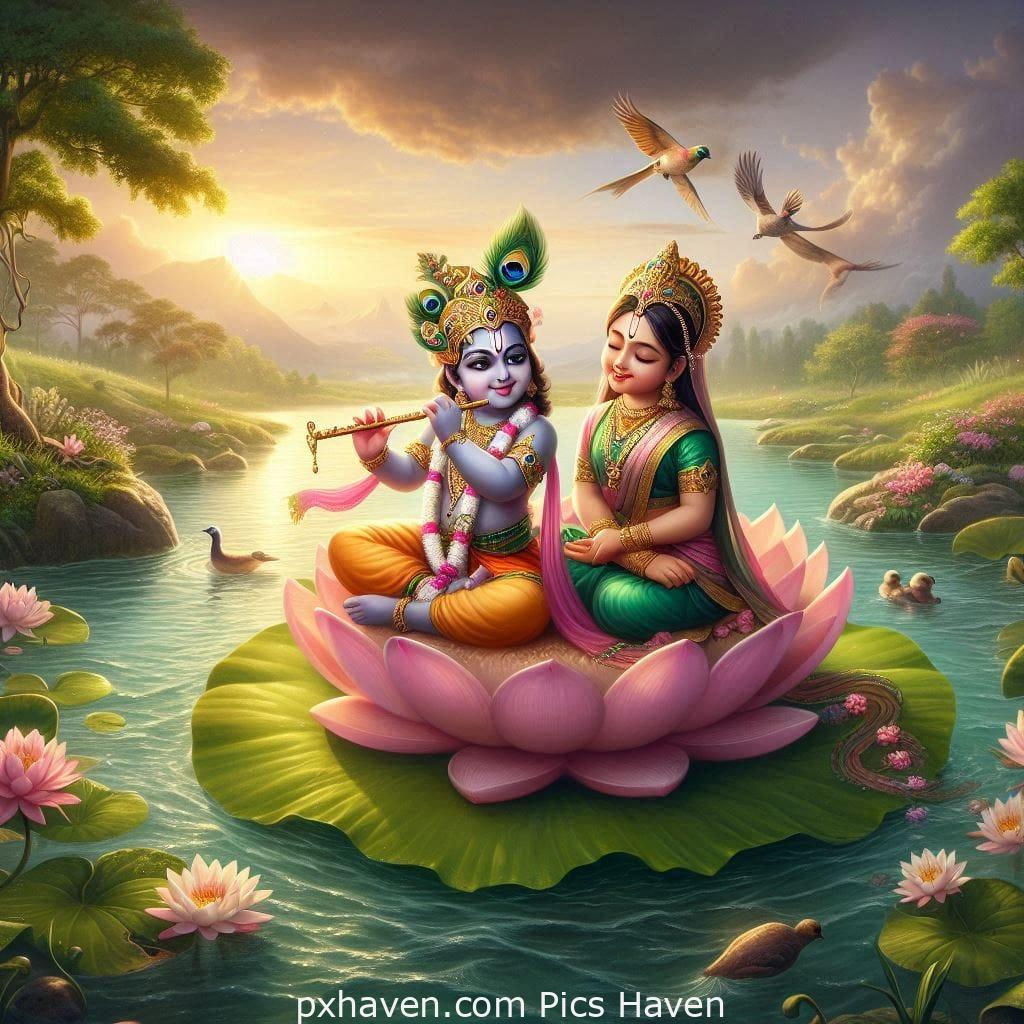 Lord Krishna and Radha. Krishna playing flute and Radha sitting beside on a lotus Full HD images. Free download.