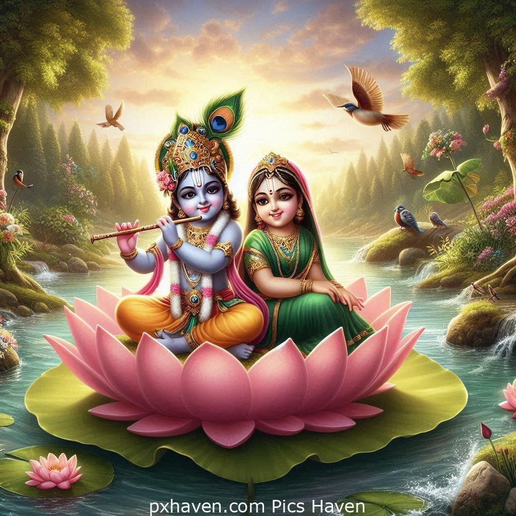 Lord Krishna and Radha. Krishna playing flute and Radha sitting beside on a lotus Full HD images. Free download.