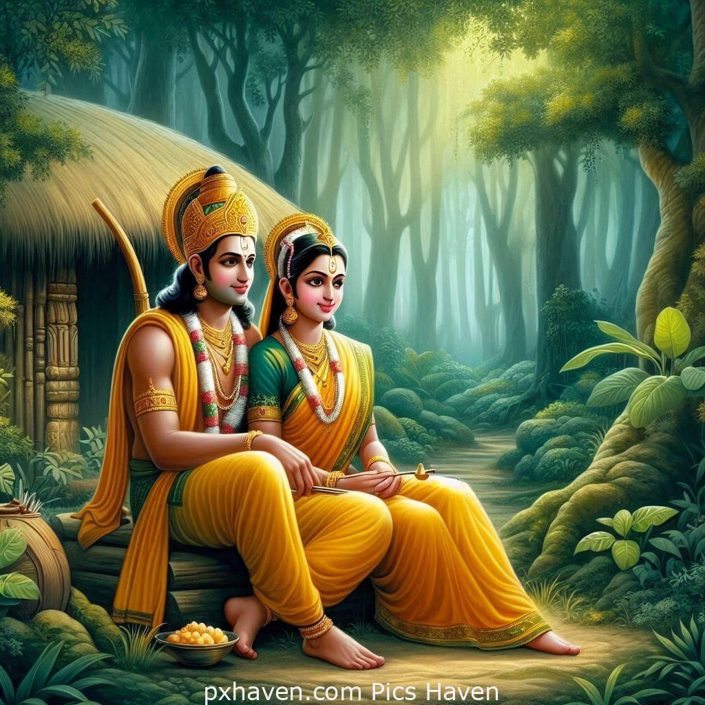 Sriram and Sita sitting outside their small house wearing yellow dress. Full HD images. Free download.