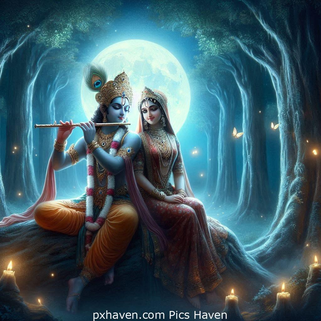Lord Krishna and Radha. Krishna playing flute and Radha sitting beside under a moonlit night. Full HD images. Free download.