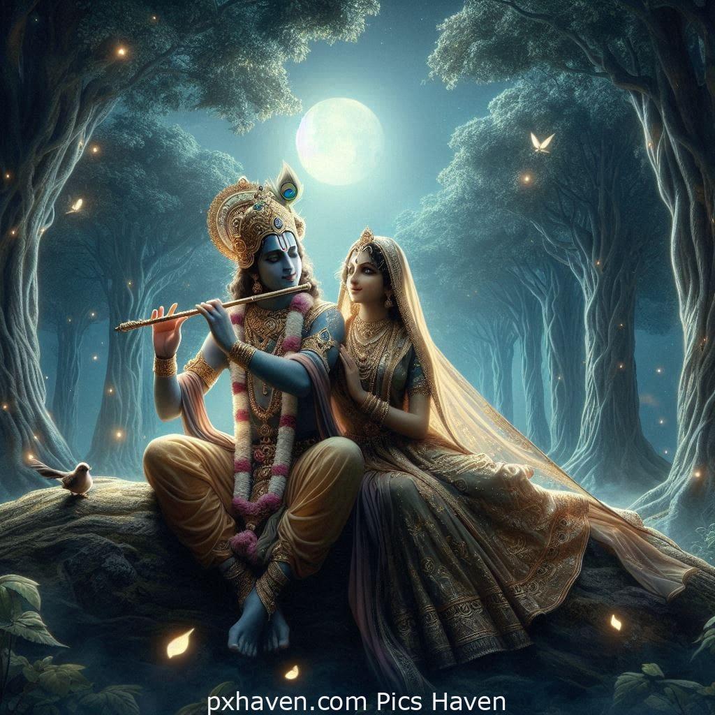 Lord Krishna and Radha. Krishna playing flute and Radha sitting beside under a moonlit night. Full HD images. Free download.
