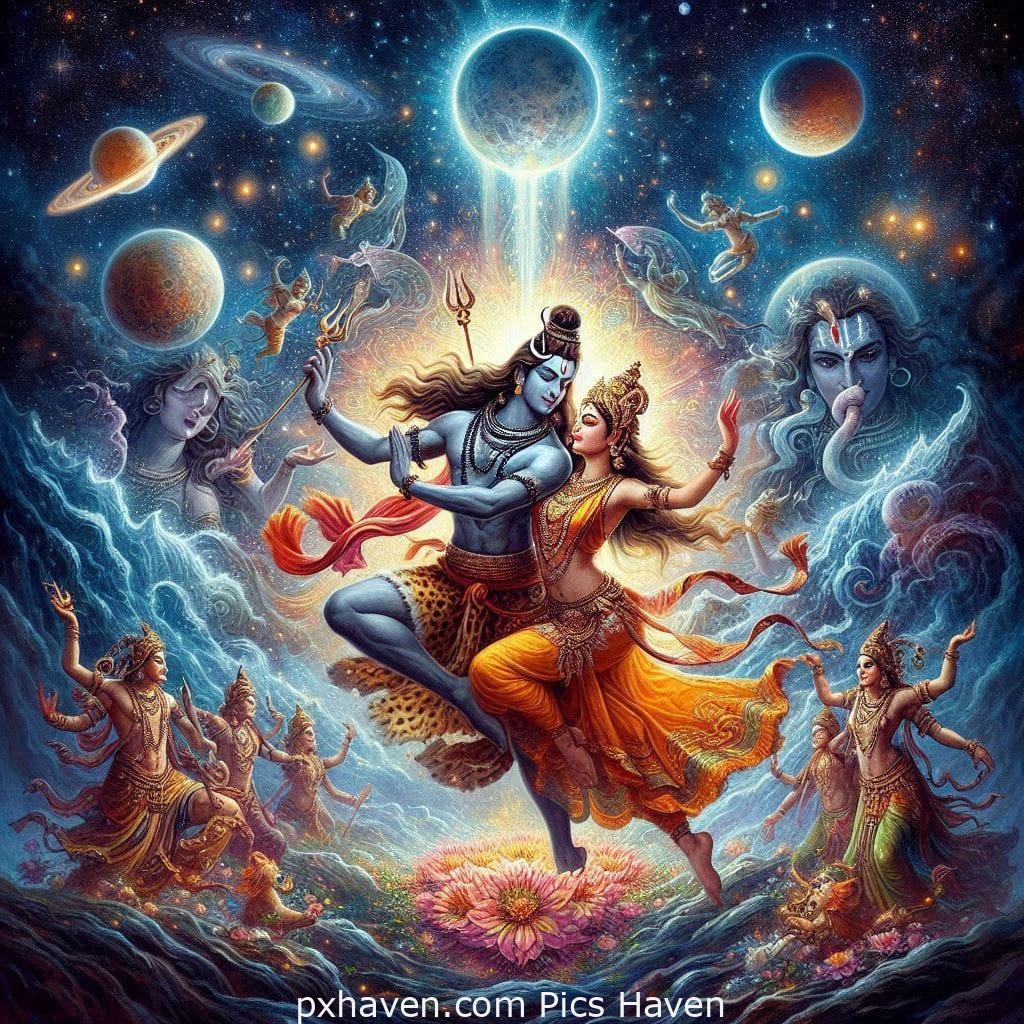 A beautiful picture of lord Shiva and Parvati dance in the cosmos. Full HD image. Free Download. Shivratri
