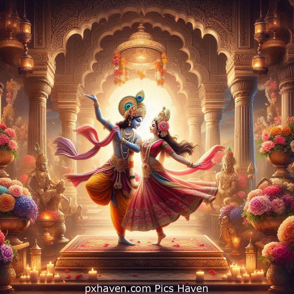 Lord Krishna and Radha Dancing beautifully in a temple. Full HD images. Free download.