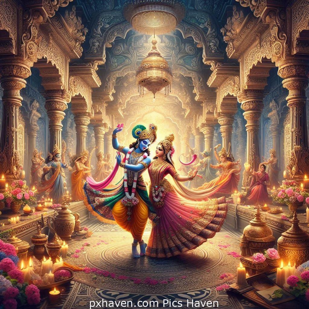 Lord Krishna and Radha Dancing beautifully in a temple. Full HD images. Free download.