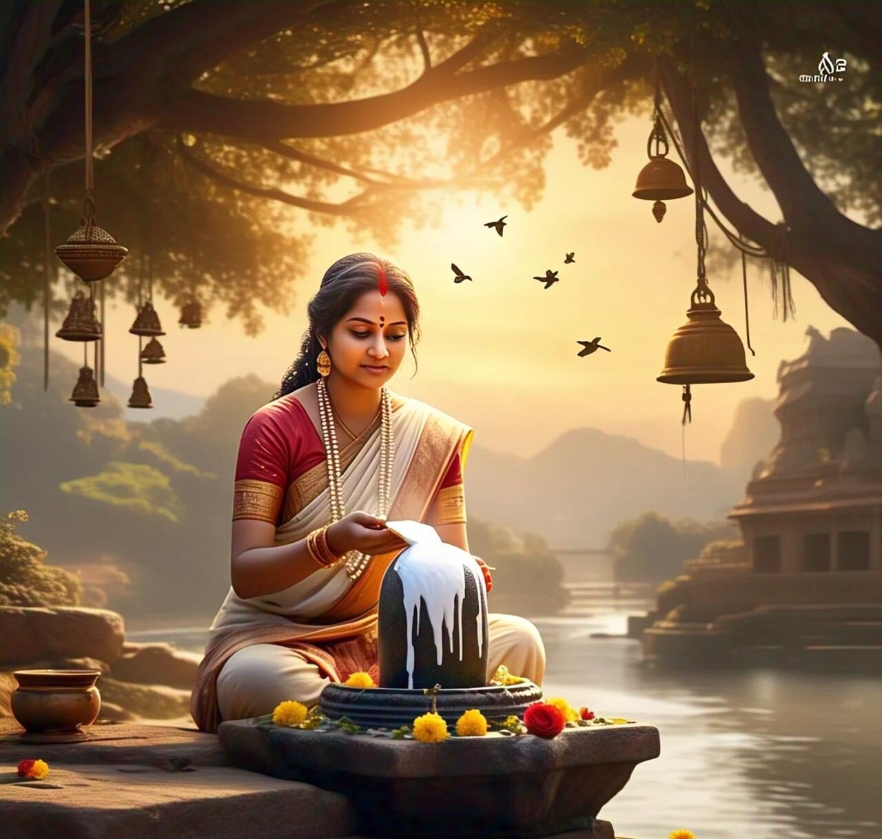 A calm image of Lord Shivalingam. A woman in Indian attire worshipping the lord. Full HD image. Free Download. Shiva ratri.