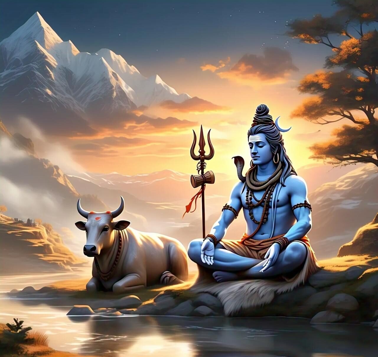 A calm image of Lord Shiva meditating with Nandi. Full HD image. Free Download. Shivratri.