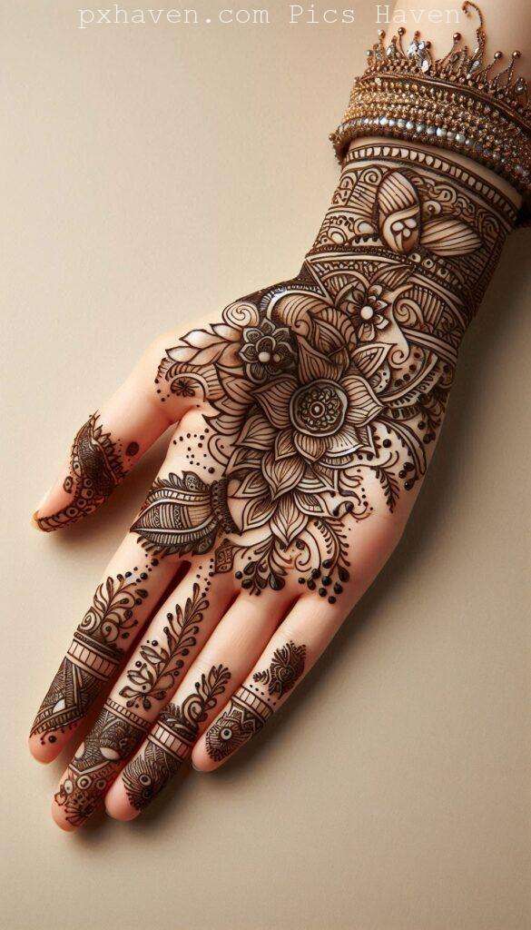 A beautiful mehndi art henna art on hand front side. Free down full HD
